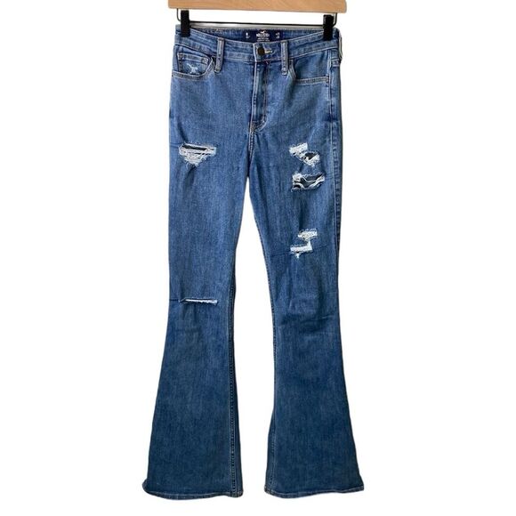Hollister High Rise Flare Distressed Jeans Destroyed Stretch Ripped Holes Hippie - Picture 1 of 14